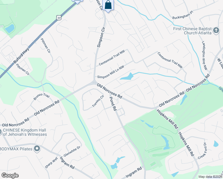 map of restaurants, bars, coffee shops, grocery stores, and more near 4630 Old Norcross Road in Duluth