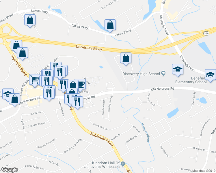 map of restaurants, bars, coffee shops, grocery stores, and more near 1533 Ballentine Drive in Lawrenceville