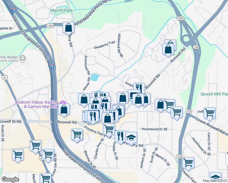 map of restaurants, bars, coffee shops, grocery stores, and more near 1625 Roswell Road in Marietta