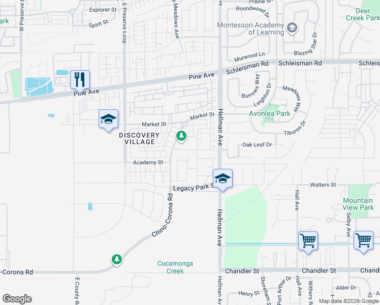 map of restaurants, bars, coffee shops, grocery stores, and more near 8755 Innovation Street in Eastvale