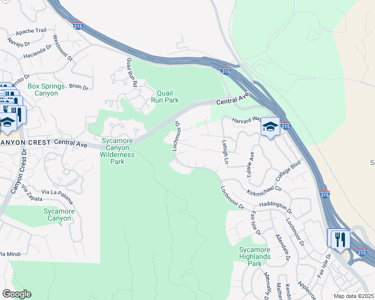 map of restaurants, bars, coffee shops, grocery stores, and more near 5300 Lochmoor Drive in Riverside