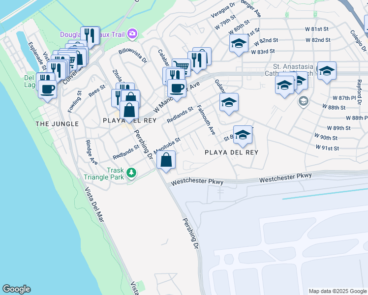 map of restaurants, bars, coffee shops, grocery stores, and more near 8180 Manitoba Street in Los Angeles