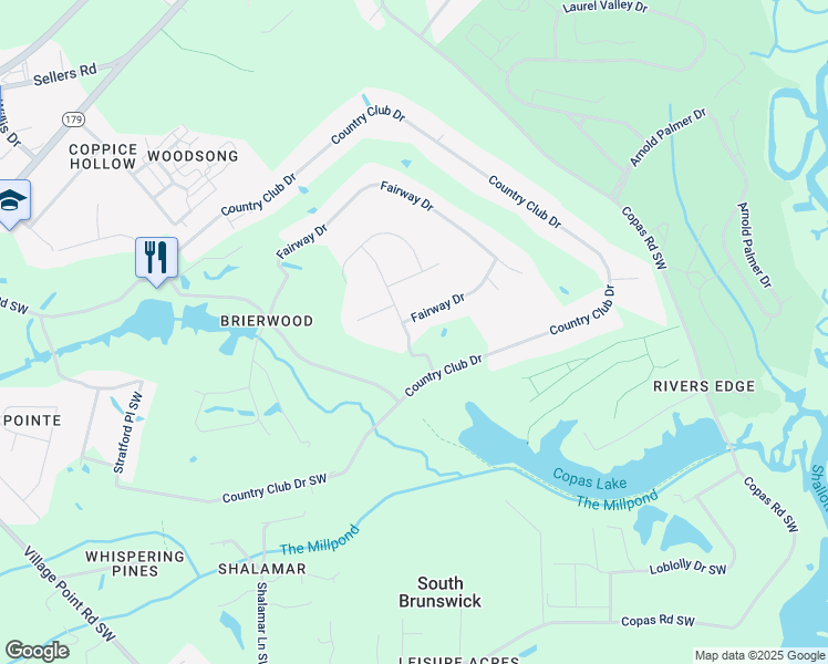 map of restaurants, bars, coffee shops, grocery stores, and more near 1 Sandtrap Drive in Shallotte