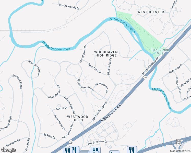 map of restaurants, bars, coffee shops, grocery stores, and more near 170 Woodhaven Ridge in Athens
