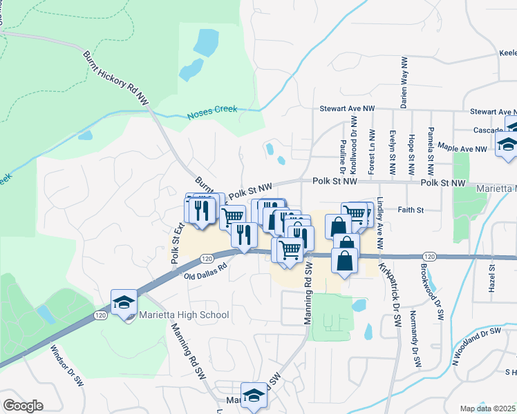 map of restaurants, bars, coffee shops, grocery stores, and more near 960 Wemberley Lane in Marietta