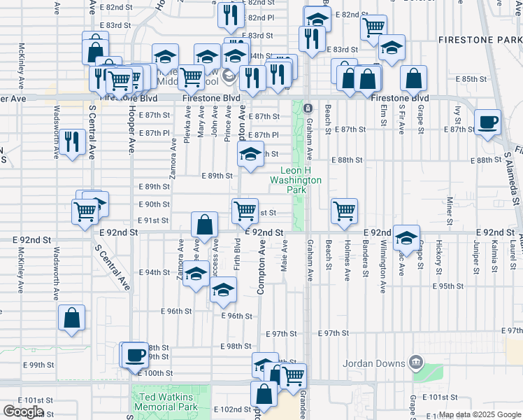 map of restaurants, bars, coffee shops, grocery stores, and more near 1535 East 91st Street in Los Angeles