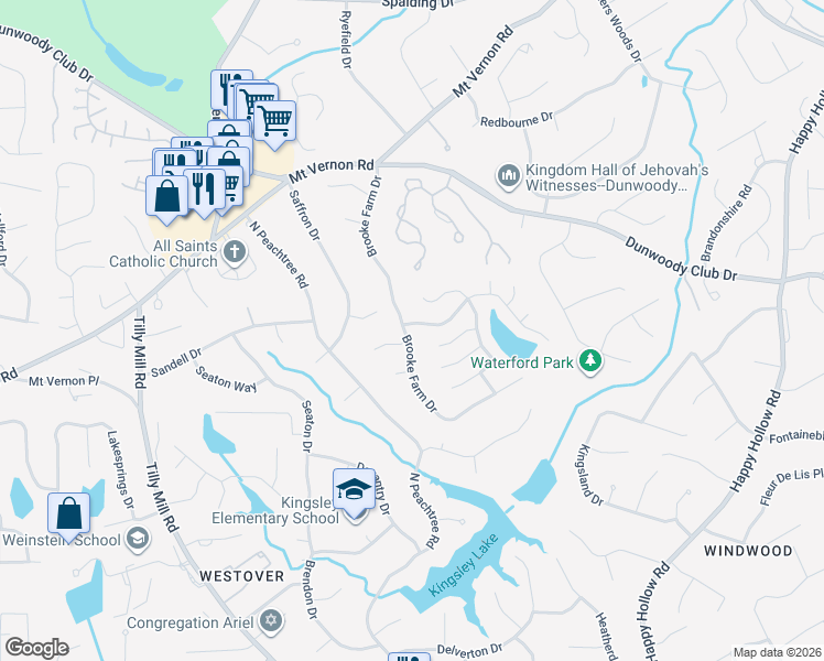map of restaurants, bars, coffee shops, grocery stores, and more near 5273 Brooke Farm Dr in Dunwoody