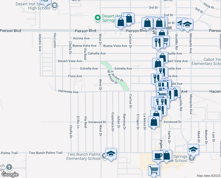 map of restaurants, bars, coffee shops, grocery stores, and more near 66088 Hacienda Avenue in Desert Hot Springs