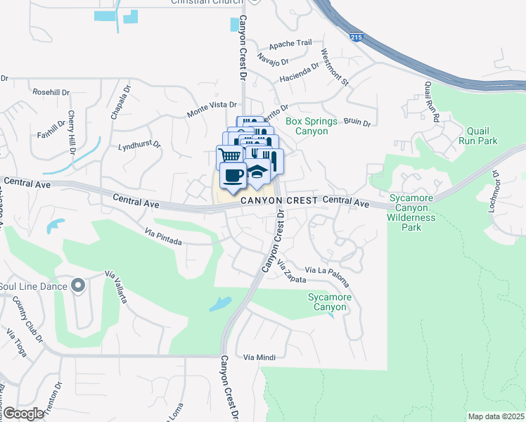 map of restaurants, bars, coffee shops, grocery stores, and more near in Riverside