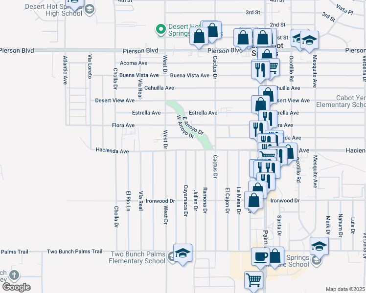 map of restaurants, bars, coffee shops, grocery stores, and more near 66088 Hacienda Avenue in Desert Hot Springs