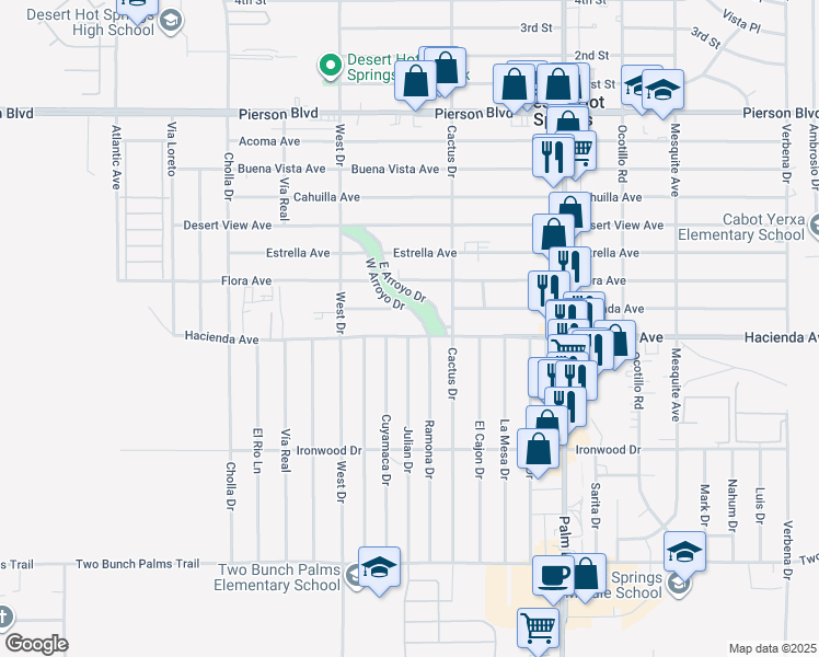 map of restaurants, bars, coffee shops, grocery stores, and more near 66160 Hacienda Avenue in Desert Hot Springs