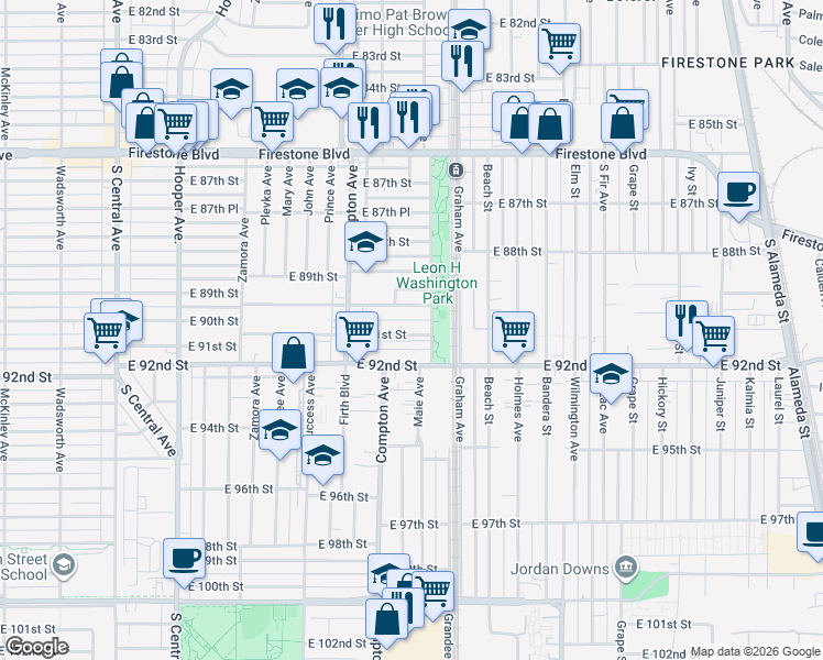 map of restaurants, bars, coffee shops, grocery stores, and more near 1629 East 91st Street in Los Angeles