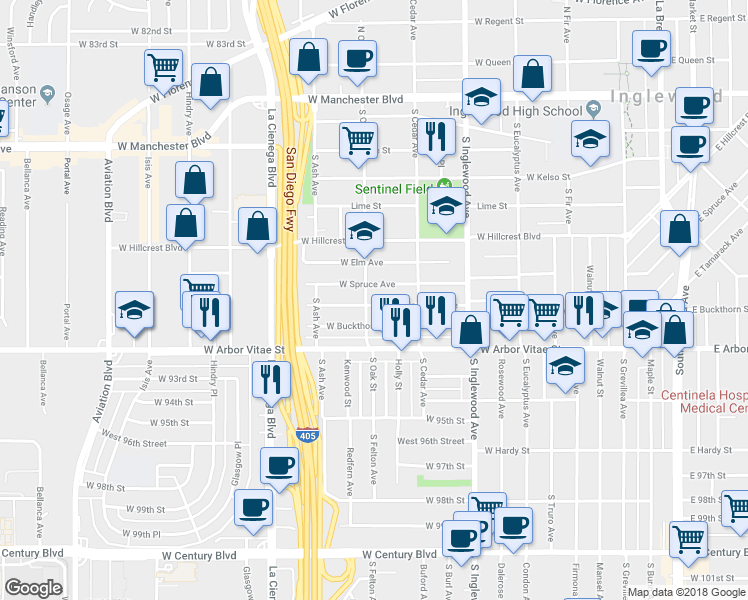 map of restaurants, bars, coffee shops, grocery stores, and more near 543 Magnolia Avenue in Inglewood