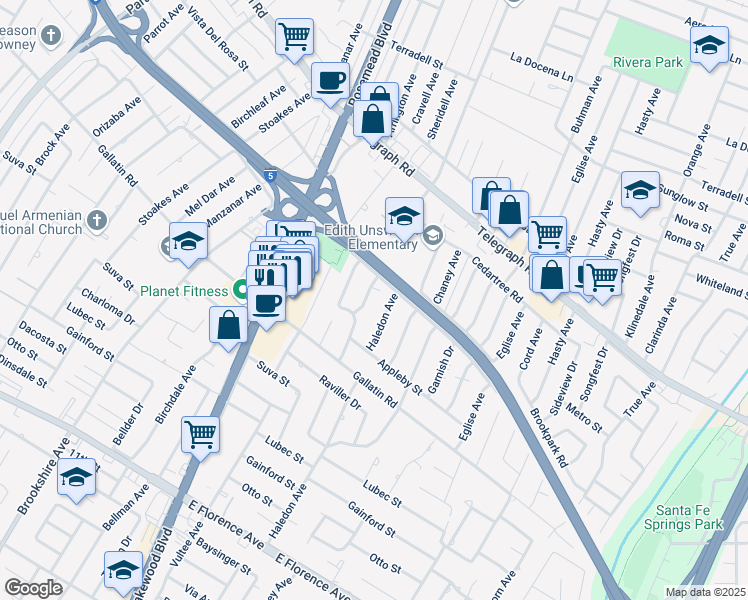 map of restaurants, bars, coffee shops, grocery stores, and more near 9129 Haledon Avenue in Downey