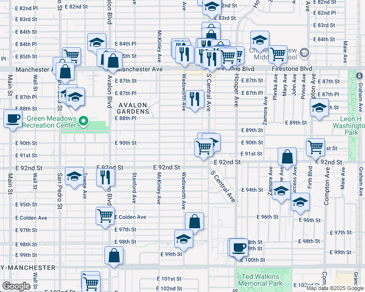 map of restaurants, bars, coffee shops, grocery stores, and more near 9003 Wadsworth Avenue in Los Angeles