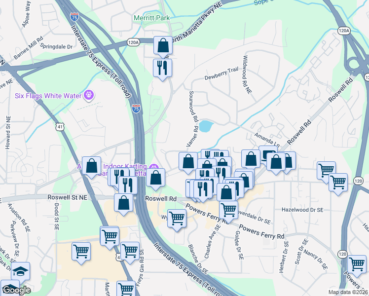 map of restaurants, bars, coffee shops, grocery stores, and more near 190 Old Bee Tree Drive in Marietta