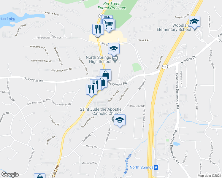 map of restaurants, bars, coffee shops, grocery stores, and more near 7640 Glisten Avenue Northeast in Sandy Springs