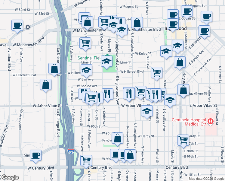map of restaurants, bars, coffee shops, grocery stores, and more near 415 Magnolia Avenue in Inglewood