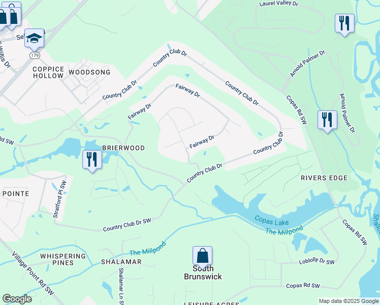 map of restaurants, bars, coffee shops, grocery stores, and more near 1 Sandtrap Drive in Shallotte