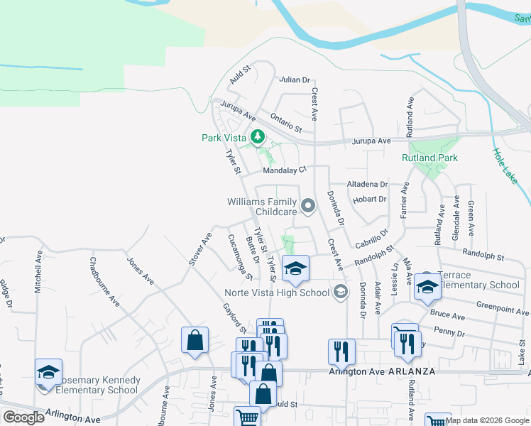 map of restaurants, bars, coffee shops, grocery stores, and more near 6926 Eureka Drive in Riverside