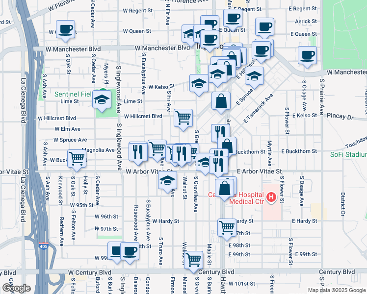 map of restaurants, bars, coffee shops, grocery stores, and more near 720 Walnut Street in Inglewood