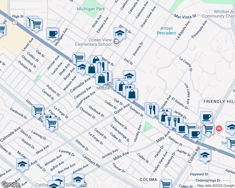 map of restaurants, bars, coffee shops, grocery stores, and more near 14405 Oak Street in Whittier