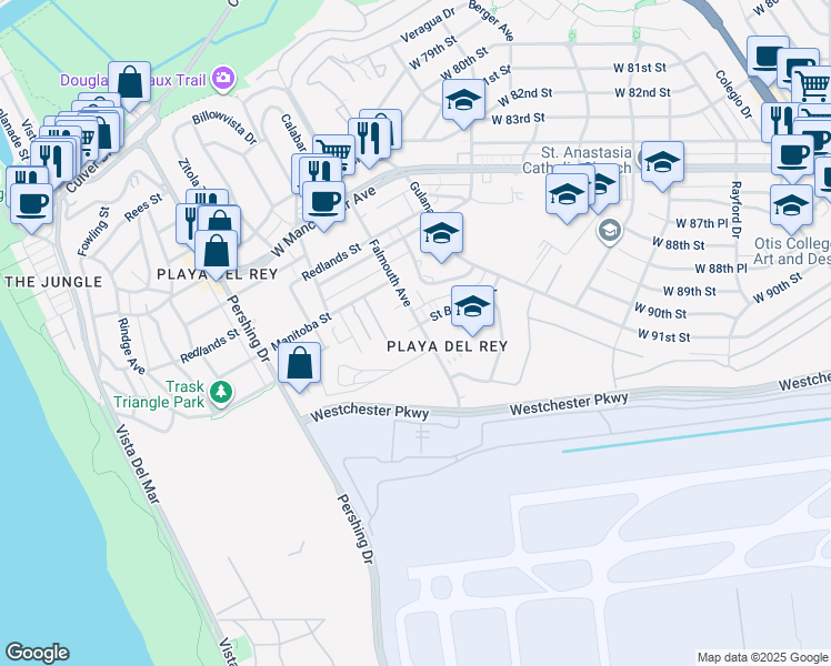 map of restaurants, bars, coffee shops, grocery stores, and more near 8711 Falmouth Avenue in Los Angeles