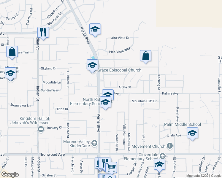 map of restaurants, bars, coffee shops, grocery stores, and more near 25101 Alpha Street in Moreno Valley