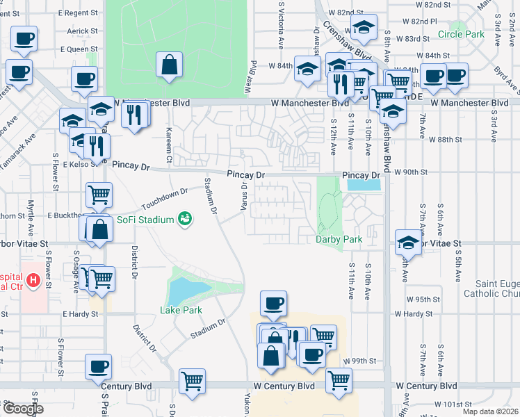 map of restaurants, bars, coffee shops, grocery stores, and more near 3686 Scribner Lane in Inglewood