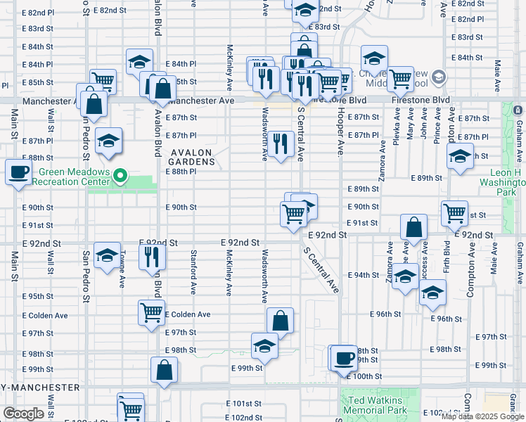 map of restaurants, bars, coffee shops, grocery stores, and more near 9003 Wadsworth Avenue in Los Angeles
