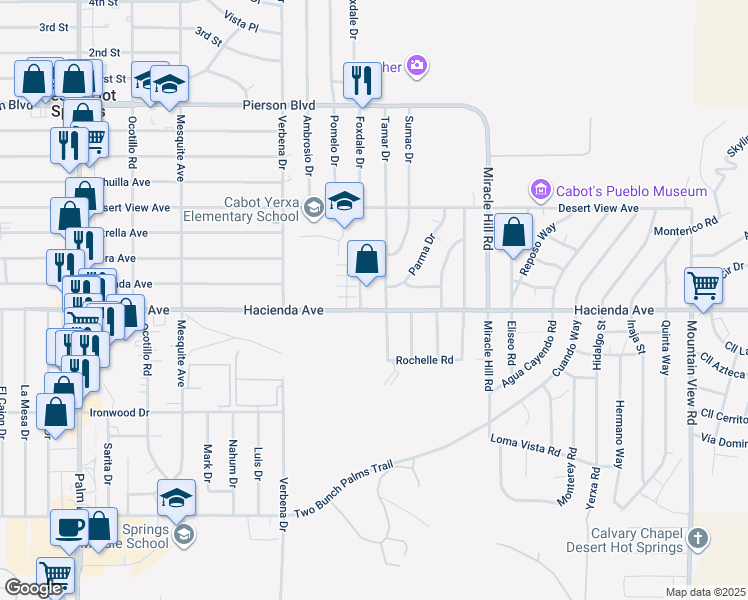 map of restaurants, bars, coffee shops, grocery stores, and more near 67200 Hacienda Avenue in Desert Hot Springs