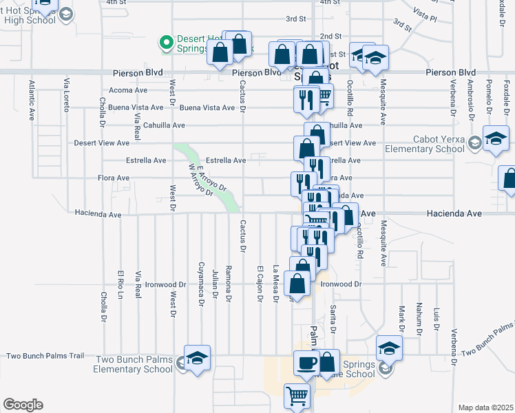 map of restaurants, bars, coffee shops, grocery stores, and more near 66295 Hacienda Avenue in Desert Hot Springs