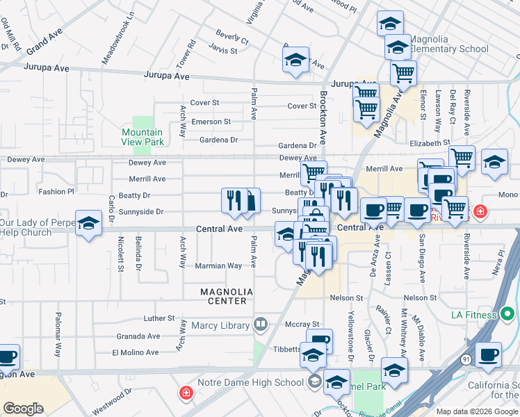 map of restaurants, bars, coffee shops, grocery stores, and more near 4442 Sunnyside Drive in Riverside