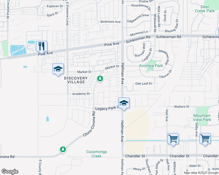 map of restaurants, bars, coffee shops, grocery stores, and more near 16600 Hellman Avenue in Corona