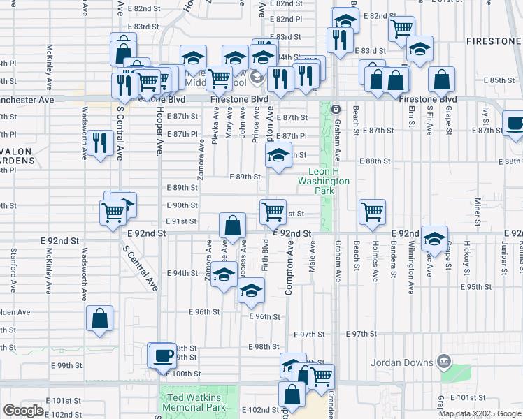 map of restaurants, bars, coffee shops, grocery stores, and more near 9115 Compton Avenue in Florence-Graham