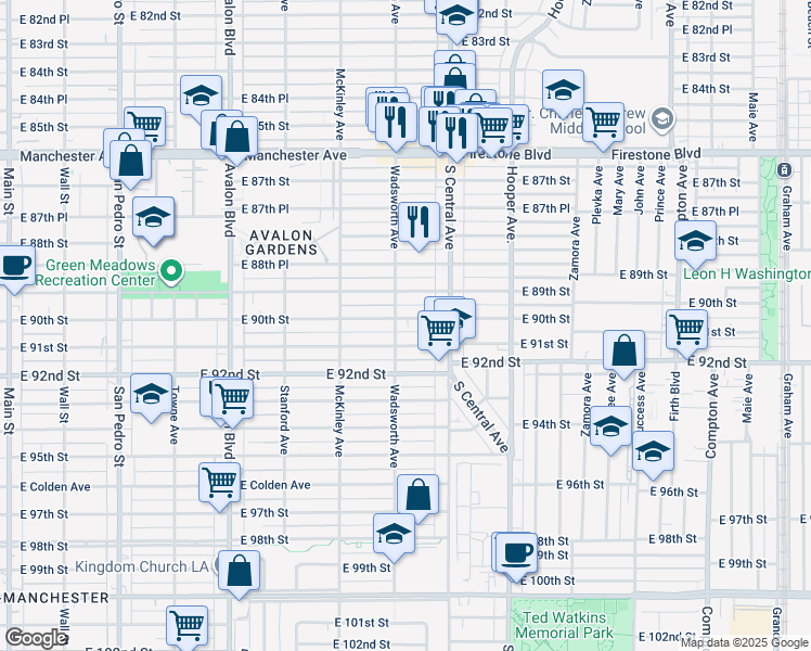 map of restaurants, bars, coffee shops, grocery stores, and more near 903 East 91st Street in Los Angeles