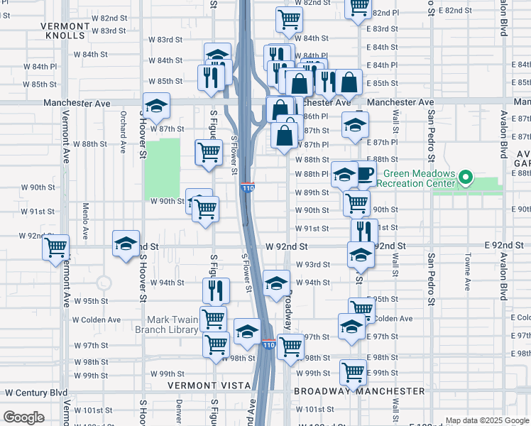 map of restaurants, bars, coffee shops, grocery stores, and more near 330 West 91st Street in Los Angeles