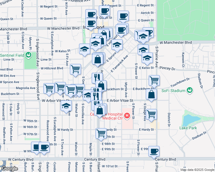 map of restaurants, bars, coffee shops, grocery stores, and more near in Inglewood