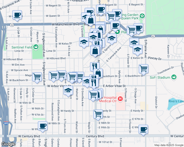 map of restaurants, bars, coffee shops, grocery stores, and more near 801 South La Brea Avenue in Inglewood