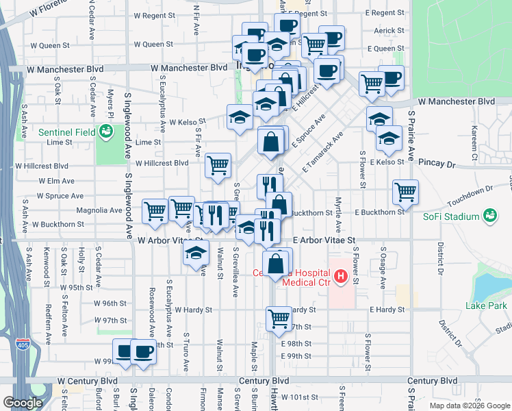 map of restaurants, bars, coffee shops, grocery stores, and more near 801 South La Brea Avenue in Inglewood