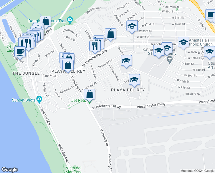 map of restaurants, bars, coffee shops, grocery stores, and more near 8160 Manitoba Street in Los Angeles