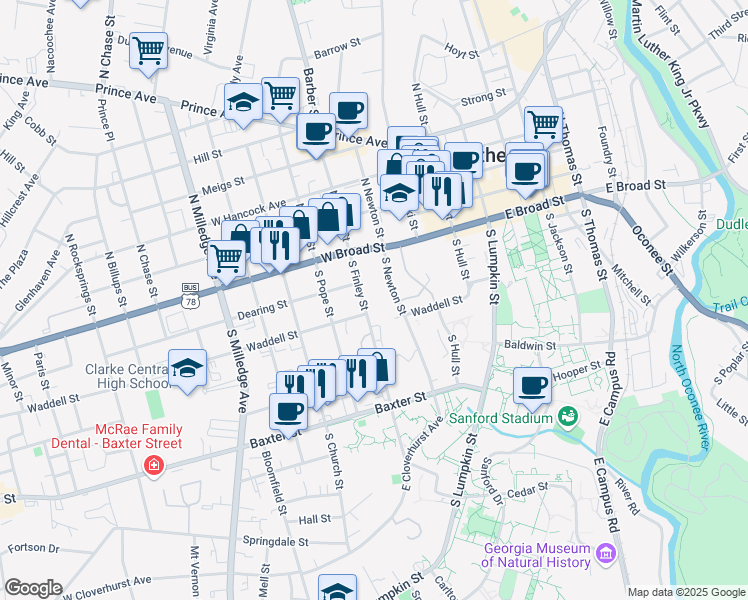 map of restaurants, bars, coffee shops, grocery stores, and more near 284 South Finley Street in Athens