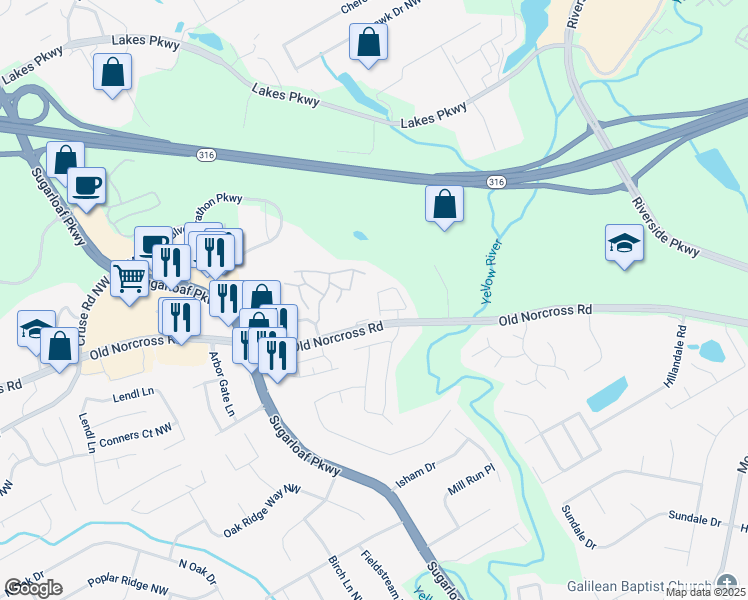 map of restaurants, bars, coffee shops, grocery stores, and more near 1538 Park Grove Drive in Lawrenceville