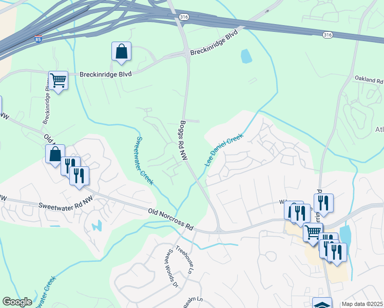 map of restaurants, bars, coffee shops, grocery stores, and more near 4202 Magnolia Pointe Boulevard Northwest in Duluth