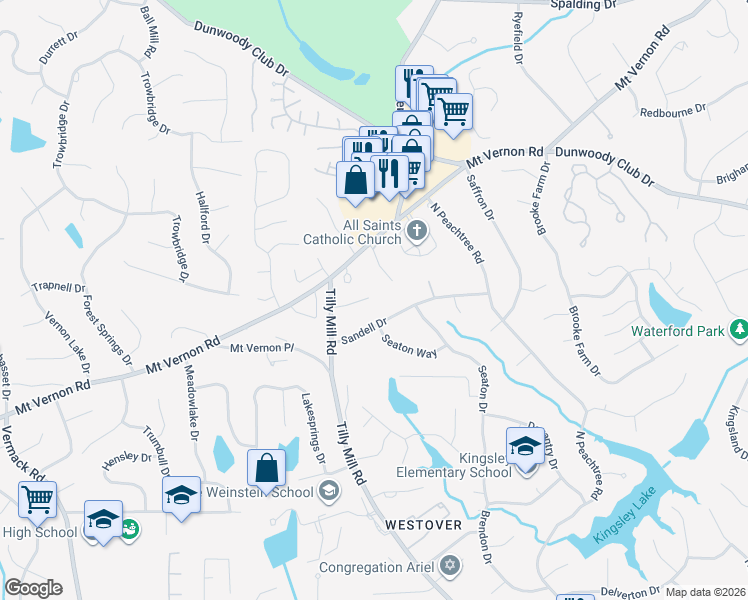 map of restaurants, bars, coffee shops, grocery stores, and more near 2388 Sandell Drive in Dunwoody