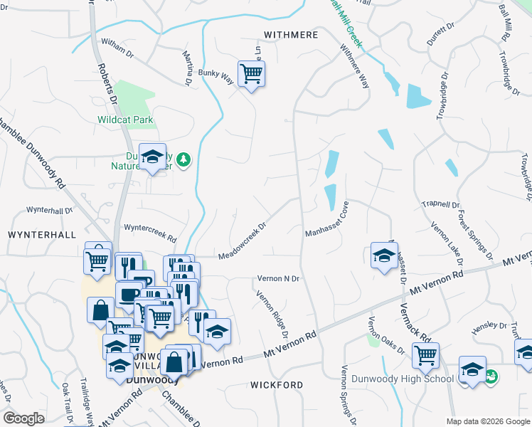 map of restaurants, bars, coffee shops, grocery stores, and more near 5258 Meadowcreek Drive in Dunwoody
