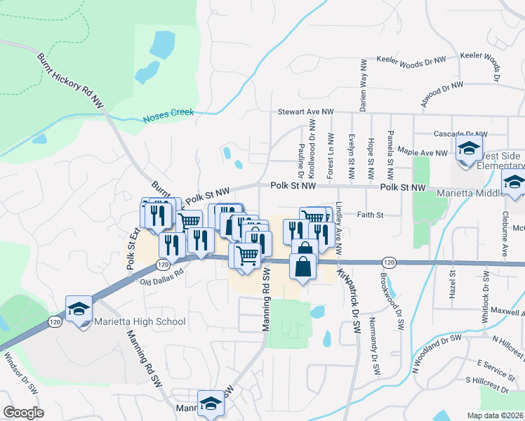 map of restaurants, bars, coffee shops, grocery stores, and more near 98 Mountain View Road Northwest in Marietta