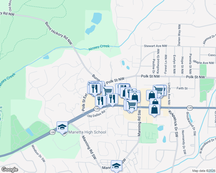 map of restaurants, bars, coffee shops, grocery stores, and more near 941 Polk Street Extension in Marietta