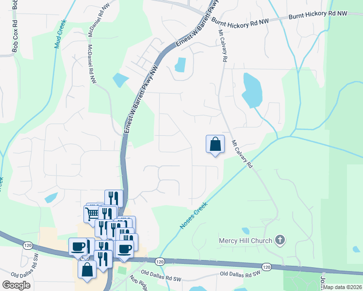 map of restaurants, bars, coffee shops, grocery stores, and more near 43 Stone Mill Lane Northwest in Marietta