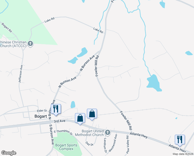 map of restaurants, bars, coffee shops, grocery stores, and more near 227 Fowler Mill Road in Bogart